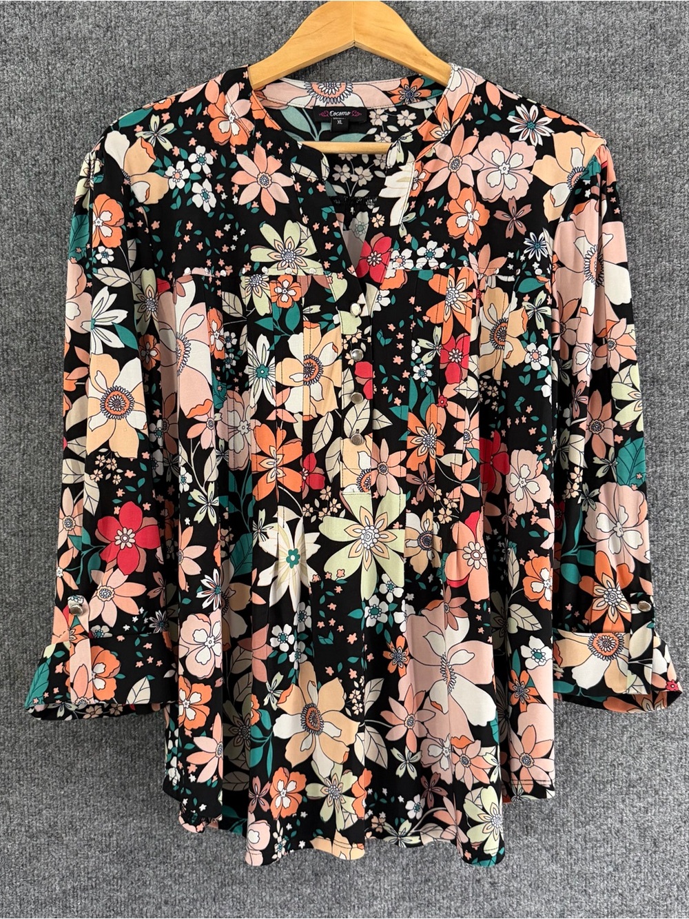 Cocomo Womens 3/4 Sleeve Flower Print Top Size XL Office Stretch Floral Career